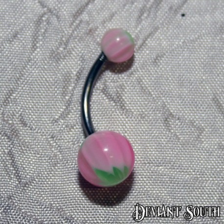 Acrylic Belly Ring - Green Leaf with Pink Stripes